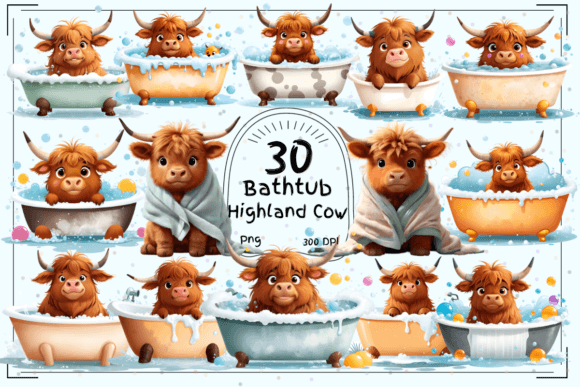 Cute Highland Baby Cow in a Bathtub: A Whimsical Design Asset