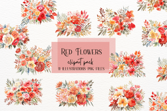 Red Watercolor Flowers Bouquets: Digital Floral Artistry