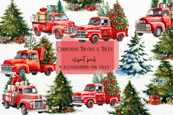 Watercolor Christmas Trucks and Trees: Vintage Holiday Design